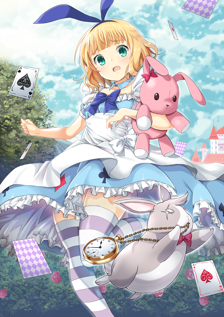 1girl ace_of_hearts ace_of_spades alice_(wonderland) alice_(wonderland)_(cosplay) alice_in_wonderland apron argyle bangs blonde_hair blue_collar blue_dress blue_skirt blunt_bangs blush bow bush card castle clouds cloudy_sky club_(shape) collarbone commentary cosplay day detached_collar diamond_(shape) dress eyebrows_visible_through_hair flower frilled_dress frills gochuumon_wa_usagi_desu_ka? green_eyes head_tilt heart highres kirima_sharo looking_at_viewer object_hug outdoors playing_card pocket_watch red_bow red_flower red_rose rose samnedar skirt sky spade_(shape) standing standing_on_one_leg striped striped_legwear stuffed_animal stuffed_bunny stuffed_toy thigh-highs tree watch white_apron wild_geese