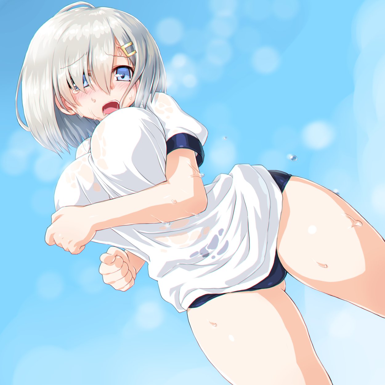 10s 1girl blue_eyes breasts breath buruma dd_(ijigendd) dutch_angle eyebrows_visible_through_hair gluteal_fold gym_uniform hair_ornament hair_over_one_eye hairclip hamakaze_(kantai_collection) heavy_breathing highres kantai_collection large_breasts open_mouth running see-through shirt short_hair silver_hair solo sweat tears thighs wet wet_clothes wet_shirt