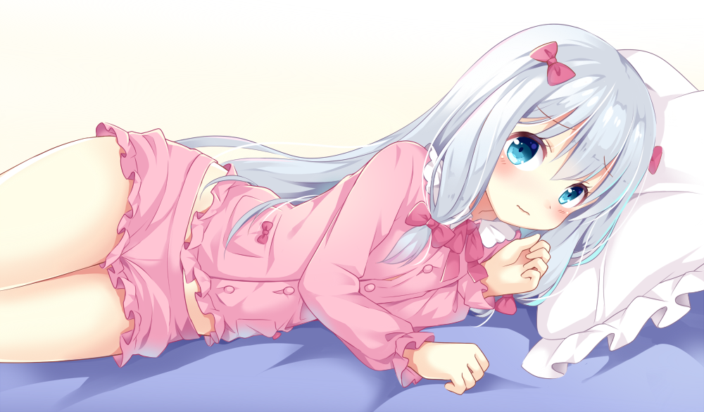 1girl bed_sheet blue_eyes blush bow eromanga_sensei eyebrows_visible_through_hair frilled_shorts frills hair_between_eyes hair_bow izumi_sagiri long_hair looking_at_viewer lying on_side pillow pink_bow pink_shirt pink_shorts shiro_kuma_shake shirt short_shorts shorts silver_hair simple_background solo very_long_hair white_background