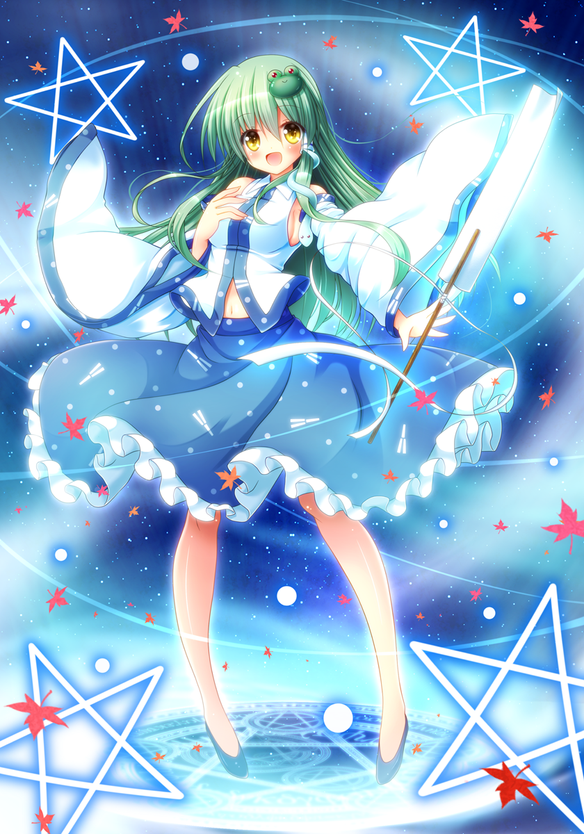 1girl :d bangs blue_skirt blush breasts collared_shirt detached_sleeves frog_hair_ornament full_body gohei green_hair hair_ornament hair_tubes highres kochiya_sanae leaf long_hair looking_at_viewer maple_leaf medium_breasts navel nontraditional_miko open_mouth osashin_(osada) pentacle shirt sideboob skirt sleeveless sleeveless_shirt smile snake_hair_ornament solo standing touhou white_shirt wide_sleeves yellow_eyes