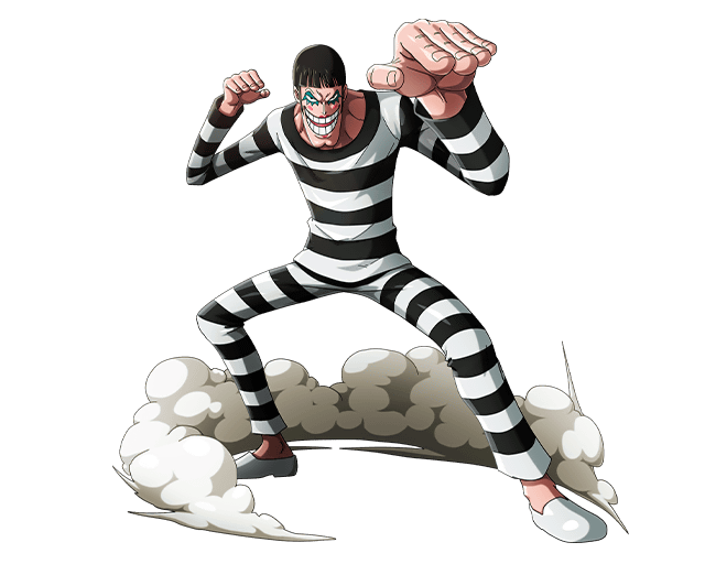 1girl black_hair bon_clay facial_mark full_body grin one_piece open_mouth pants shirt shoes short_hair smile solo stance standing striped striped_pants striped_shirt transparent_background very_short_hair white_shoes