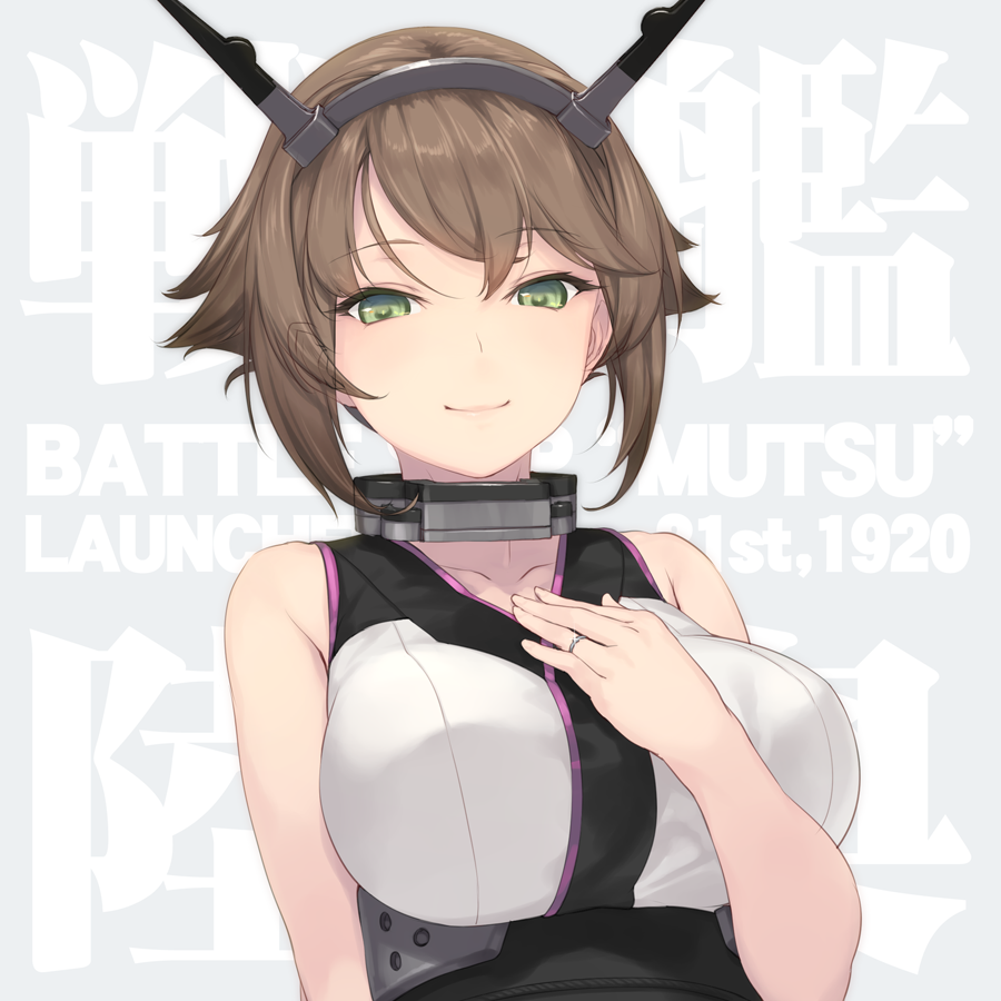 10s 1girl alternate_costume arm_up bare_shoulders blue_bow blue_neckwear bow bowtie breasts brown_hair buttons checkered checkered_dress commentary_request dated dirndl dress german_clothes getsuyoubi_no_tawawa green_eyes grey_background headband kantai_collection koubeya_uniform large_breasts looking_at_viewer mutsu_(kantai_collection) parted_lips rokuwata_tomoe short_sleeves simple_background smile solo underbust upper_body white_dress