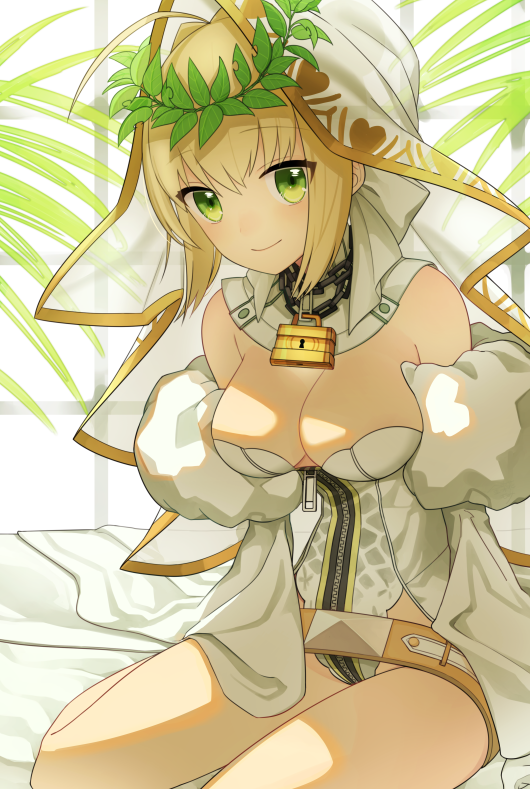 10s 1girl ahoge bare_shoulders belt blonde_hair breasts chains cleavage detached_collar detached_sleeves fate/extra fate/extra_ccc fate_(series) full-length_zipper green_eyes hair_bun kisenka_momi large_breasts leotard lock looking_at_viewer loose_belt padlock saber_bride saber_extra sitting smile solo strapless strapless_leotard veil wreath zipper