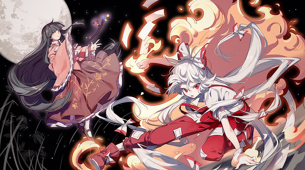 2girls aibivy bamboo black_footwear black_hair blouse bow branch burning_hand clenched_hand fire frilled_sleeves frills fujiwara_no_mokou full_moon hair_bow hime_cut houraisan_kaguya jeweled_branch_of_hourai long_hair looking_at_viewer mary_janes moon multi-tied_hair multiple_girls night ofuda open_mouth pants pink_blouse red_eyes red_footwear red_pants red_skirt shirt shoe_bow shoes skirt sky sleeves_past_wrists star_(sky) starry_sky suspenders torn_clothes torn_sleeves touhou tsurime very_long_hair white_hair white_legwear white_shirt yellow_eyes