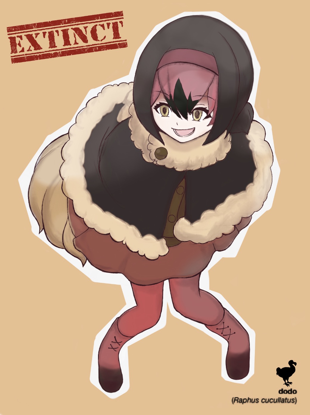 1girl :d bangs bent_over bird_tail black_hair bob_cut boots brown_background brown_shirt brown_skirt buttons character_name dodo_(bird) dodo_(kemono_friends) empty_eyes eyebrows_visible_through_hair eyelashes feathers full_body fur_collar fur_trim hair_between_eyes highres kemono_friends leaning_forward looking_away meimushi miniskirt multicolored_hair open_mouth outline pantyhose pigeon-toed pink_boots pink_hair pink_legwear poncho shirt short_hair simple_background skirt smile solo standing tail teeth tongue two-tone_hair white_outline yellow_eyes