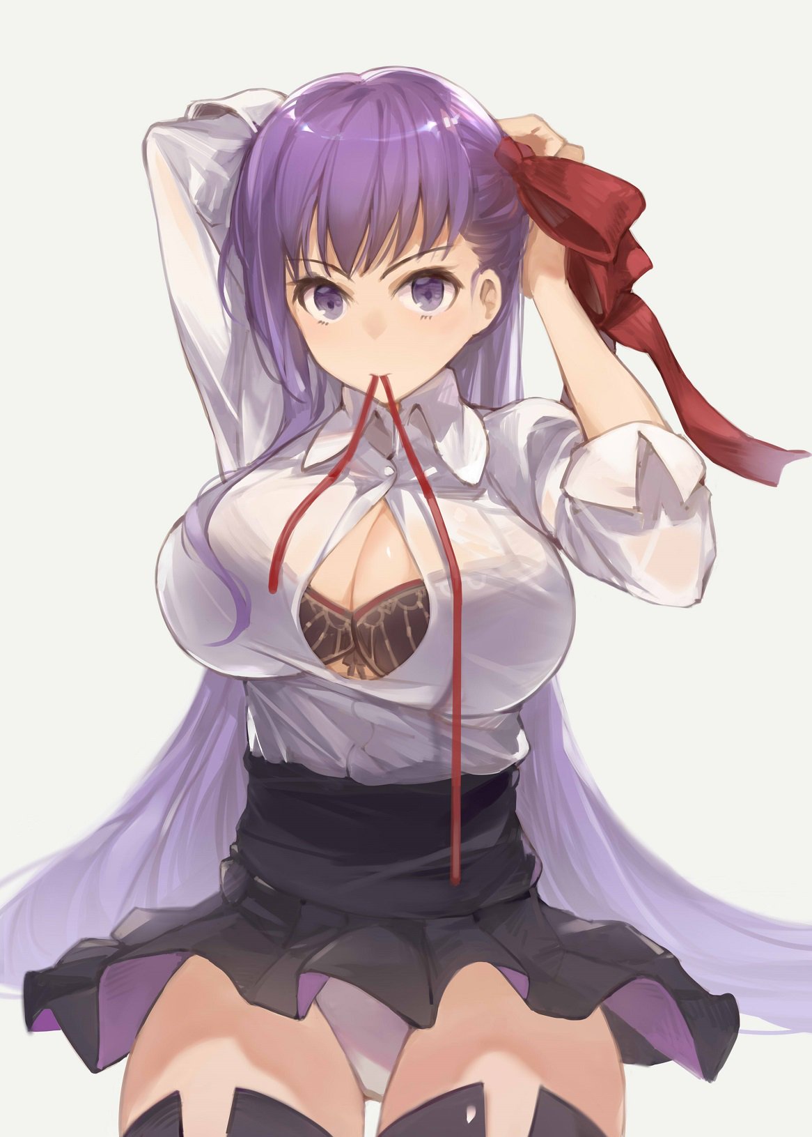 1girl bb_(fate/extra_ccc) black_bra black_legwear blush bra breasts cleavage curvy fate/extra fate/extra_ccc fate_(series) hana_mori highres large_breasts long_hair looking_at_viewer mouth_hold panties purple_hair red_ribbon ribbon see-through skirt sleeves_folded_up smile solo thigh-highs tying unbuttoned underwear very_long_hair violet_eyes white_panties wide_hips