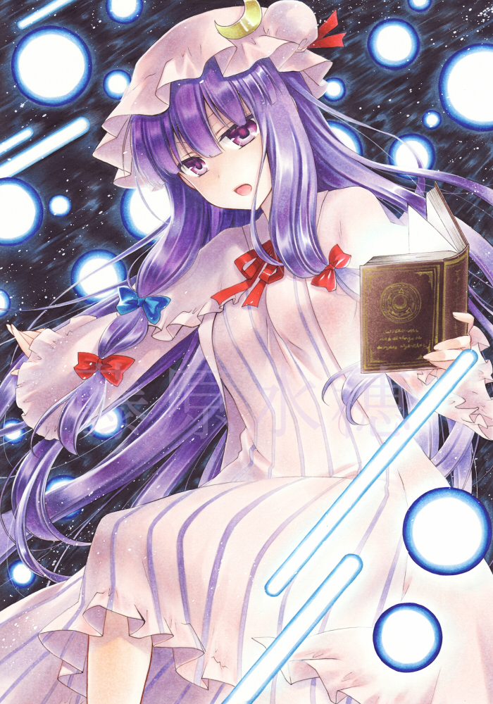 &gt;:o 1girl :o blush book capelet danmaku dress fujiwara_minaho hat long_hair looking_at_viewer marker_(medium) mob_cap open_mouth patchouli_knowledge purple_hair solo striped striped_dress touhou traditional_media very_long_hair violet_eyes