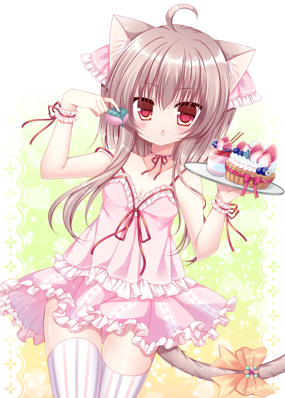 1girl :o ahoge animal_ears arm_up babydoll blueberry blush bow brown_hair cat_ears cat_girl cat_tail choker commentary_request dutch_angle eyebrows_visible_through_hair food frilled_babydoll frilled_choker frilled_skirt frills fruit hair_between_eyes hair_ribbon holding holding_food holding_tray long_hair looking_at_viewer orange_bow original parted_lips pink_ribbon pink_skirt red_choker red_eyes red_ribbon ribbon sakura_mochi shikito skirt solo strap_slip strawberry striped striped_legwear tail tail_bow thigh-highs tray vertical-striped_legwear vertical_stripes wafer_stick wagashi wrist_cuffs