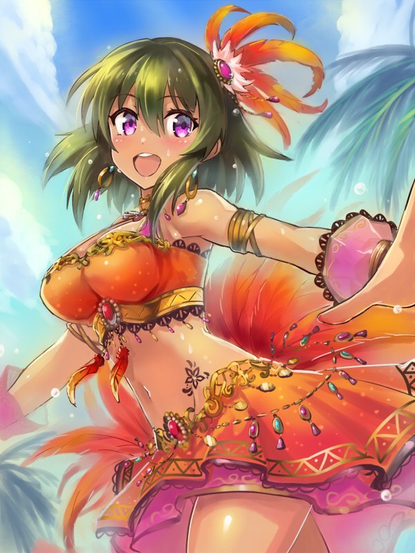 1girl bare_shoulders breasts dancing dark_skin earrings edobox feathers green_hair hair_ornament idolmaster idolmaster_cinderella_girls idolmaster_cinderella_girls_starlight_stage jewelry looking_at_viewer medium_breasts midriff natalia_(idolmaster) navel open_mouth smile solo sweat tattoo violet_eyes