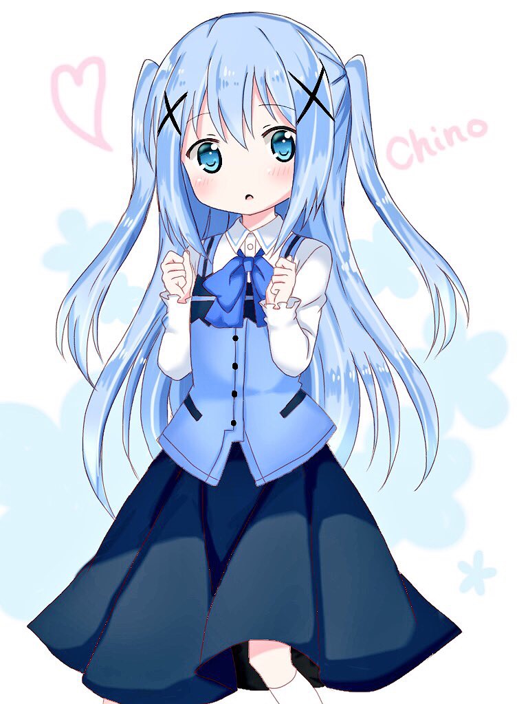 1girl :o alternate_hairstyle bangs black_skirt blue_eyes blue_hair blue_neckwear blue_vest blush bow bowtie character_name clenched_hands collared_shirt commentary_request eyebrows_visible_through_hair gochuumon_wa_usagi_desu_ka? hair_between_eyes hair_ornament hands_up head_tilt heart kafuu_chino kneehighs long_hair long_sleeves looking_at_viewer parted_lips rabbit_house_uniform shika_(s1ka) shirt simple_background skirt solo two_side_up very_long_hair vest white_background white_legwear white_shirt x_hair_ornament