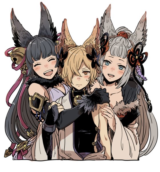1boy 2girls animal_ears backless_outfit bell blush closed_eyes elbow_gloves emu_(losspass) erun_(granblue_fantasy) fox_ears gloves granblue_fantasy hair_bell hair_ornament kou_(granblue_fantasy) long_hair multiple_girls off_shoulder open_mouth red_eyes smile socie_(granblue_fantasy) tail yuel_(granblue_fantasy)