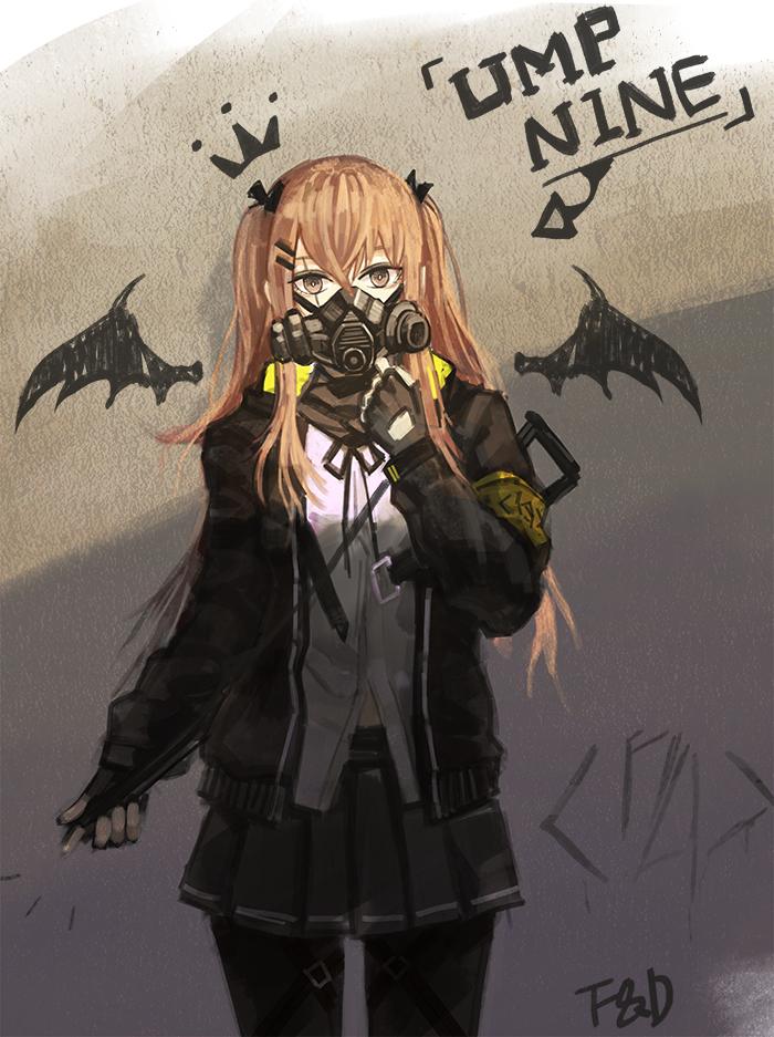 1girl adjusting_mask artist_name bat_wings black_legwear brown_eyes brown_hair character_name cowboy_shot drawn_wings f_and_d fingerless_gloves gas_mask girls_frontline gloves gun h&amp;k_ump hair_ornament hairclip heckler_&amp;_koch jacket long_hair looking_at_viewer pantyhose pleated_skirt scar scar_across_eye shadow shirt sketch skirt solo submachine_gun twintails ump9_(girls_frontline) weapon weapon_on_back white_shirt wings