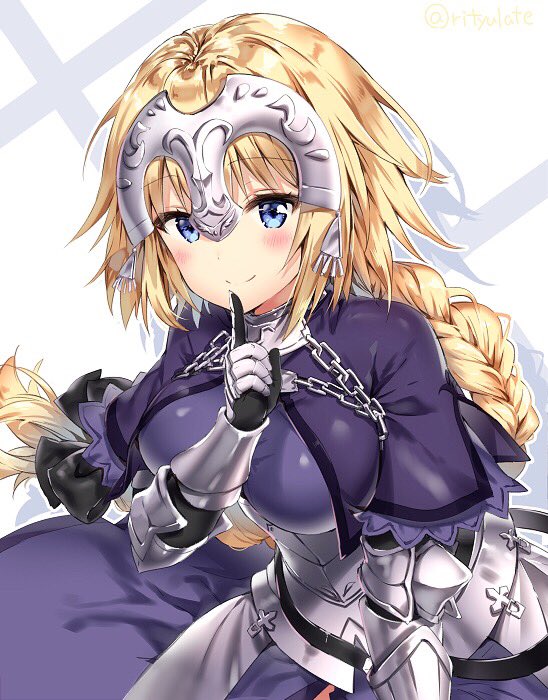 1girl bangs black_bow blonde_hair blue_dress blue_eyes blush bow braid breasts capelet chains collar commentary_request dress fate/apocrypha fate_(series) faulds finger_to_mouth gauntlets hair_bow headpiece index_finger_raised large_breasts long_hair looking_at_viewer low-tied_long_hair metal_collar plackart riichu ruler_(fate/apocrypha) shushing single_braid smile solo twitter_username vambraces very_long_hair