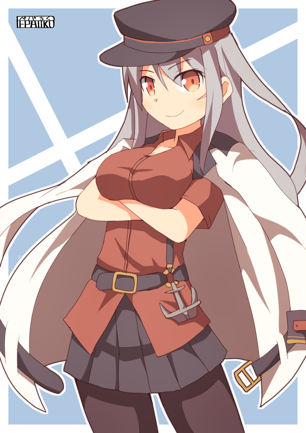 1girl artist_name breasts cleavage collarbone cowboy_shot crossed_arms flat_cap gangut_(kantai_collection) grey_hair hat highres jacket_on_shoulders kantai_collection large_breasts miniskirt orange_eyes pantyhose pepatiku pleated_skirt remodel_(kantai_collection) scar_on_cheek signature skirt smile solo