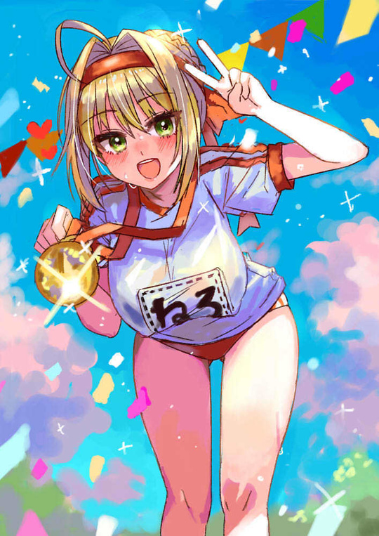 10s ahoge bangs blonde_hair blush braid breasts confetti eyebrows_visible_through_hair fate/extra fate/grand_order fate_(series) french_braid green_eyes gym_shirt hair_bun hair_intakes hand_up hanging_breasts headband heart hips large_breasts leaning_forward looking_at_viewer medal moze name_tag open_mouth outdoors red_bloomers red_headband saber_extra shirt smile sparkle thighs v