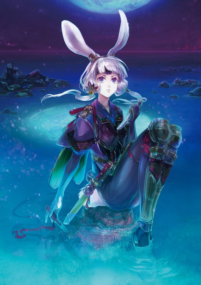 1girl animal_ears blue_eyes bunny_tail dagger force_of_will hairband japanese_clothes long_hair low_twintails moon multicolored multicolored_eyes night official_art rabbit_ears rock sitting solo sparkle tail twintails violet_eyes water weapon white_hair