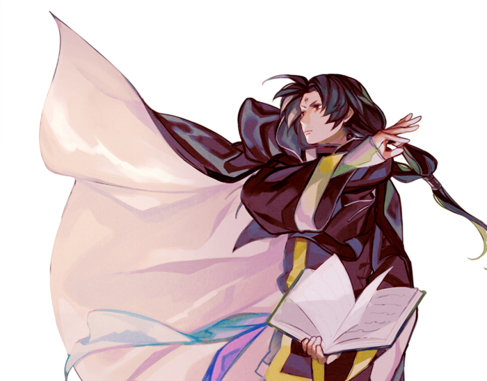 1boy black_hair book cape facial_mark fire_emblem fire_emblem:_souen_no_kiseki long_hair male_focus red_eyes solo soren u_f1214 weapon