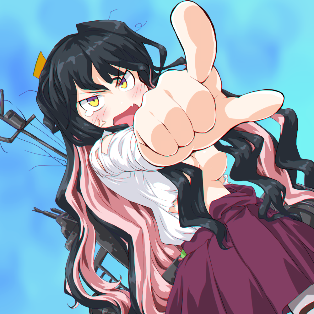 10s 1girl :d anger_vein angry black_hair blush breasts breasts_outside commentary_request dd_(ijigendd) fang kantai_collection long_hair looking_at_viewer medium_breasts multicolored_hair naganami_(kantai_collection) open_mouth pink_hair pointing pointing_at_viewer solo torn_clothes two-tone_hair wavy_hair yellow_eyes