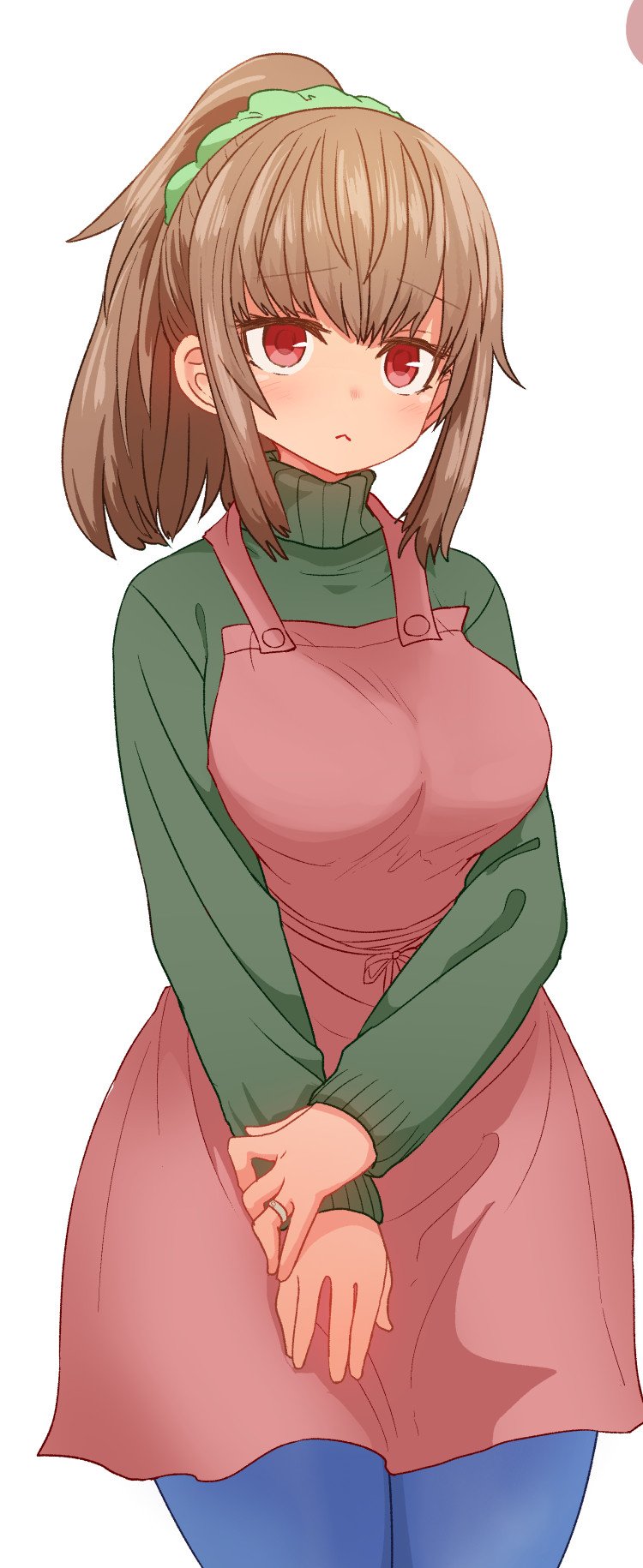 1girl :&lt; bangs blue_pants breasts brown_hair closed_mouth cowboy_shot eyebrows_visible_through_hair green_sweater highres jewelry large_breasts legs_together long_sleeves looking_at_viewer medium_hair pants pink_eyes ponytail ring sad scrunchie simple_background smile solo standing sumiyao_(amam) sweater turtleneck turtleneck_sweater v_arms wedding_band white_background