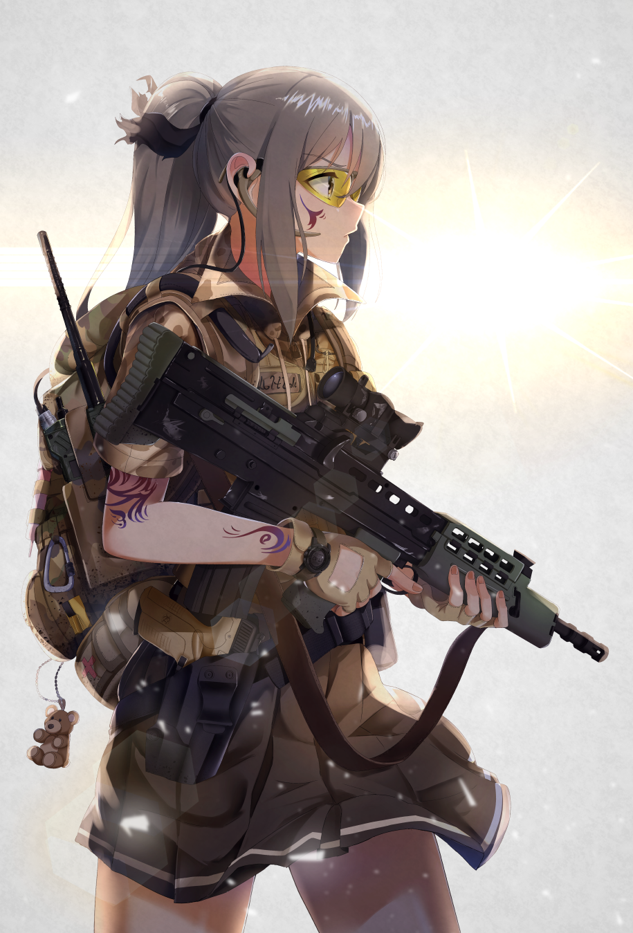1girl assault_rifle backpack bag bag_charm black_skirt brown_gloves casino_(casinoep) charm_(object) closed_mouth cowboy_shot fingerless_gloves from_behind gloves goggles grey_hair gun headset highres holding holding_gun holding_weapon l85 lens_flare load_bearing_vest long_hair military original outdoors pleated_skirt ponytail profile revision rifle scope short_sleeves sidelocks skirt solo tattoo trigger_discipline weapon yellow_eyes