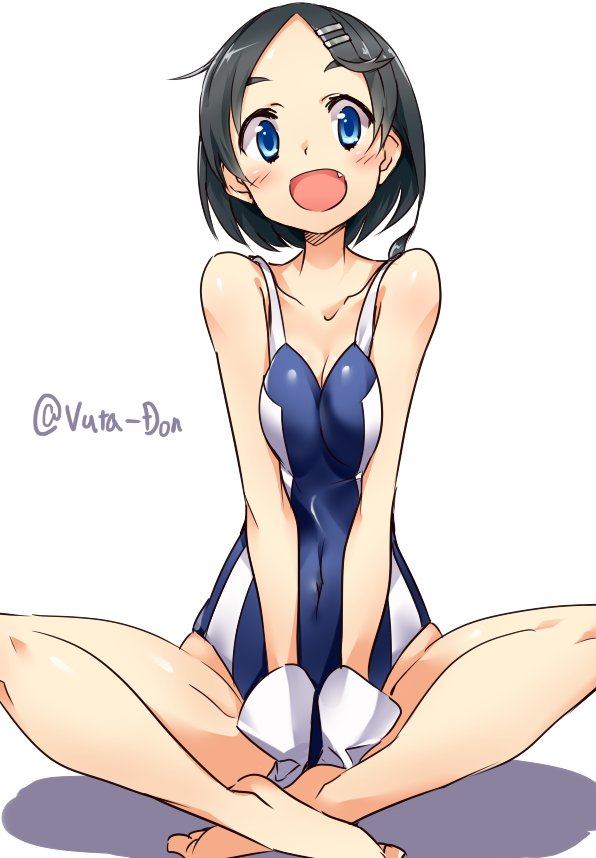 10s 1girl black_hair blue_eyes blue_swimsuit breast_squeeze breasts fang futa_don gloves hair_ornament hairclip indian_style kantai_collection kuroshio_(kantai_collection) looking_at_viewer one-piece_swimsuit open_mouth short_hair simple_background sitting small_breasts solo swimsuit twitter_username white_background white_gloves