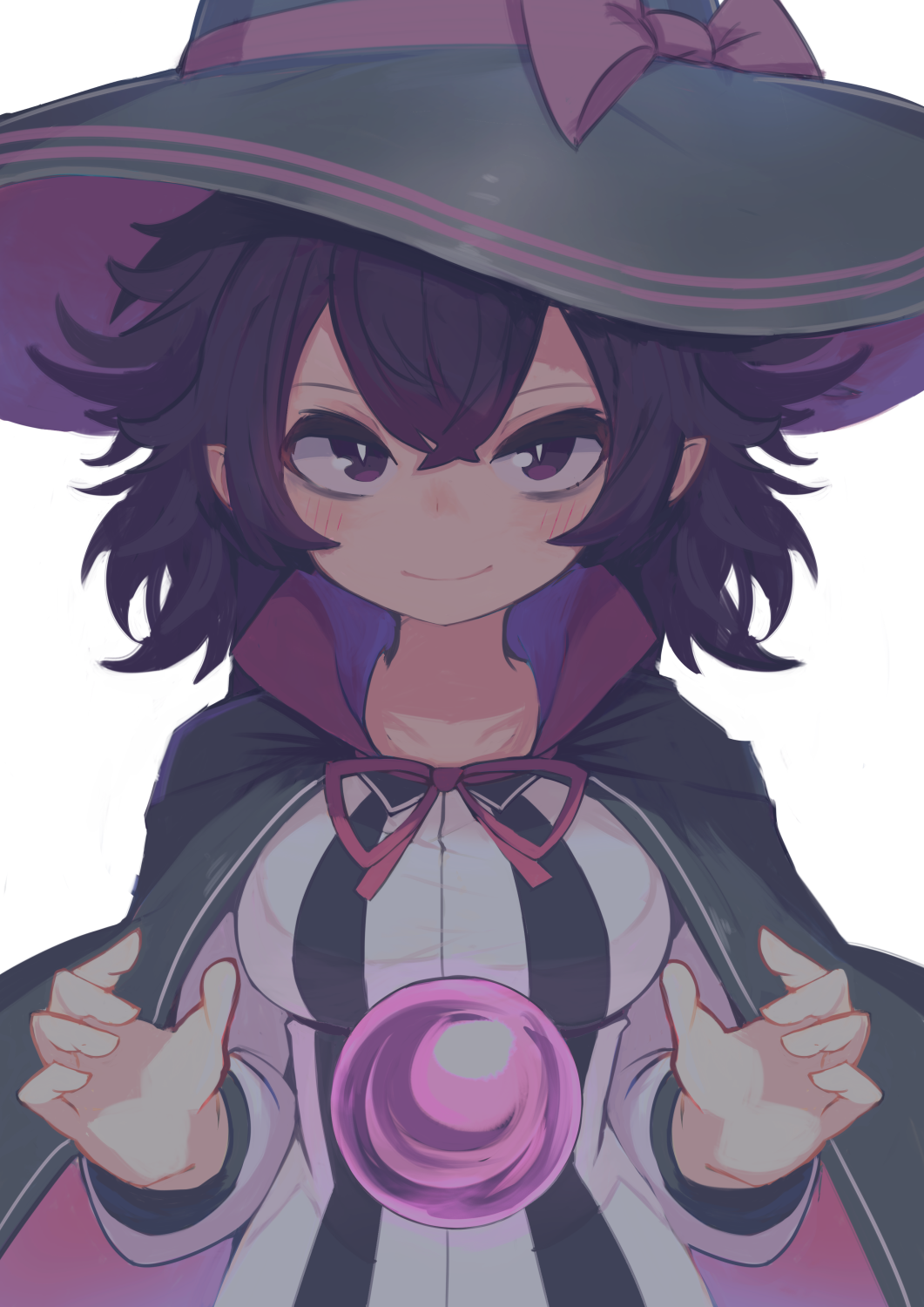 1girl bags_under_eyes black_hair blush breasts cape closed_mouth commentary_request gatakigi_gama hair_between_eyes hat hat_ribbon high_collar highres long_sleeves looking_at_viewer magic medium_breasts original ribbon short_hair simple_background slit_pupils smile solo upper_body violet_eyes white_background witch witch_hat