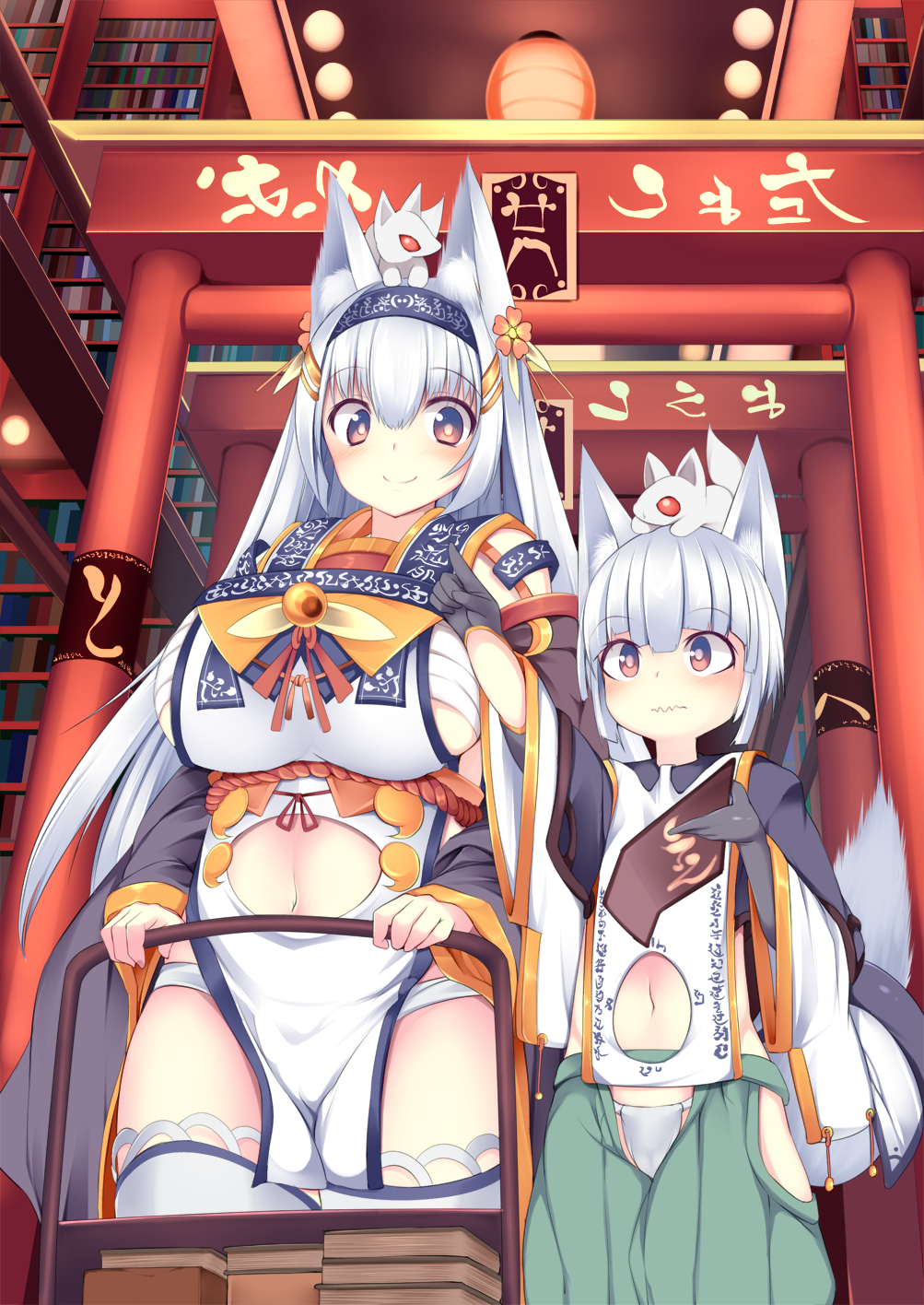 1boy 1girl animal_ears bangs blunt_bangs blush bookshelf breasts brown_eyes cart closed_mouth eyebrows_visible_through_hair fox fox_boy fox_ears fox_girl fox_on_head fox_tail hair_between_eyes hakama highres indoors japanese_clothes large_breasts library loincloth long_hair navel navel_cutout original pelvic_curtain sarashi sideboob sidelocks silver_hair smile sukage tabard tail tareme thigh-highs thighs torii very_long_hair white_hair white_legwear