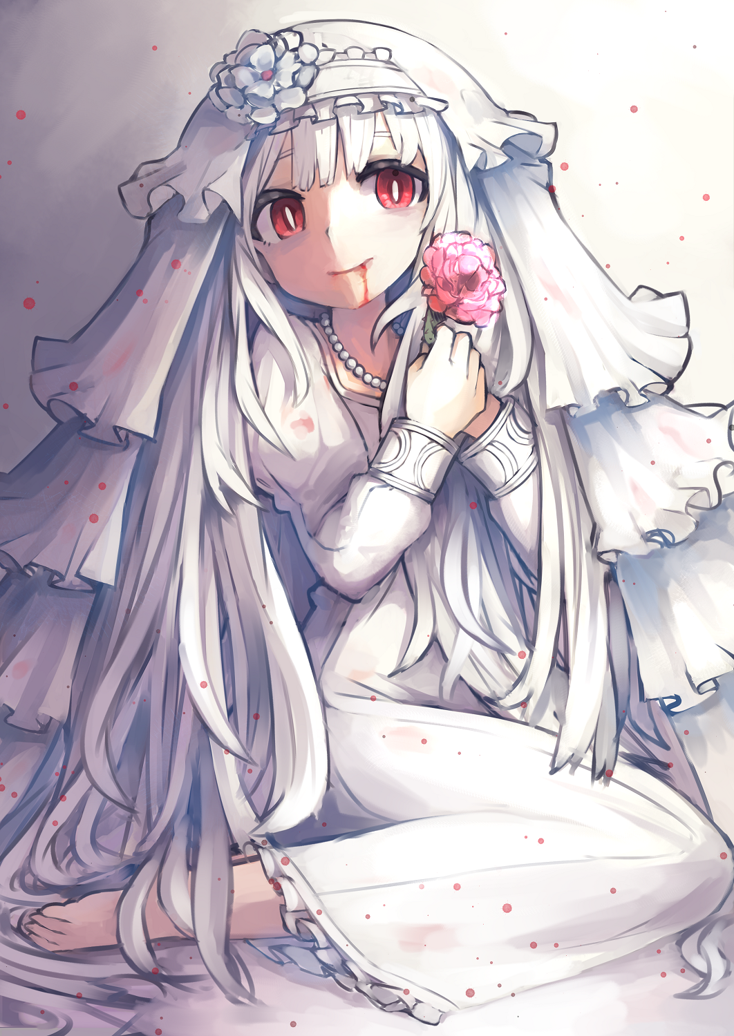 1girl bangs barefoot blood blood_from_mouth bridal_veil closed_mouth commentary_request dress flower frilled_hairband full_body hair_flower hair_ornament highres long_hair long_sleeves looking_at_viewer original red_eyes rose sitting slit_pupils smile solo veil very_long_hair wedding_dress white_dress white_hair