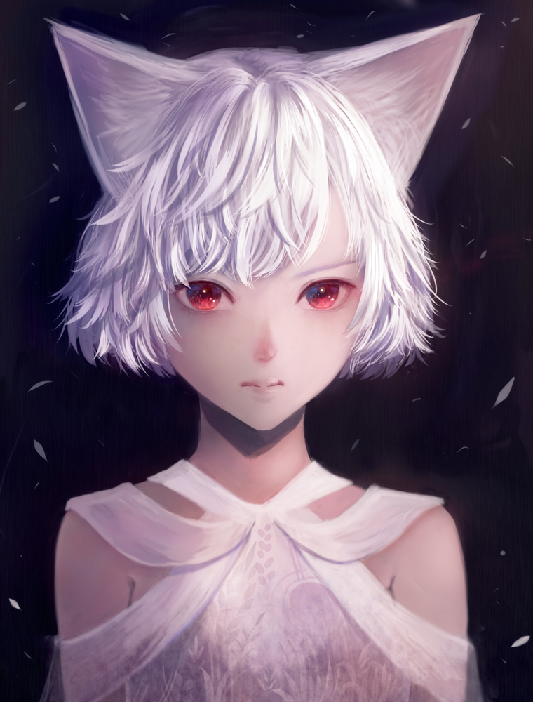 1girl animal_ears bangs blue_background cat_ears closed_mouth commentary_request dress ears looking_at_viewer original red_eyes sakimori_(hououbds) short_hair solo wavy_hair white_dress