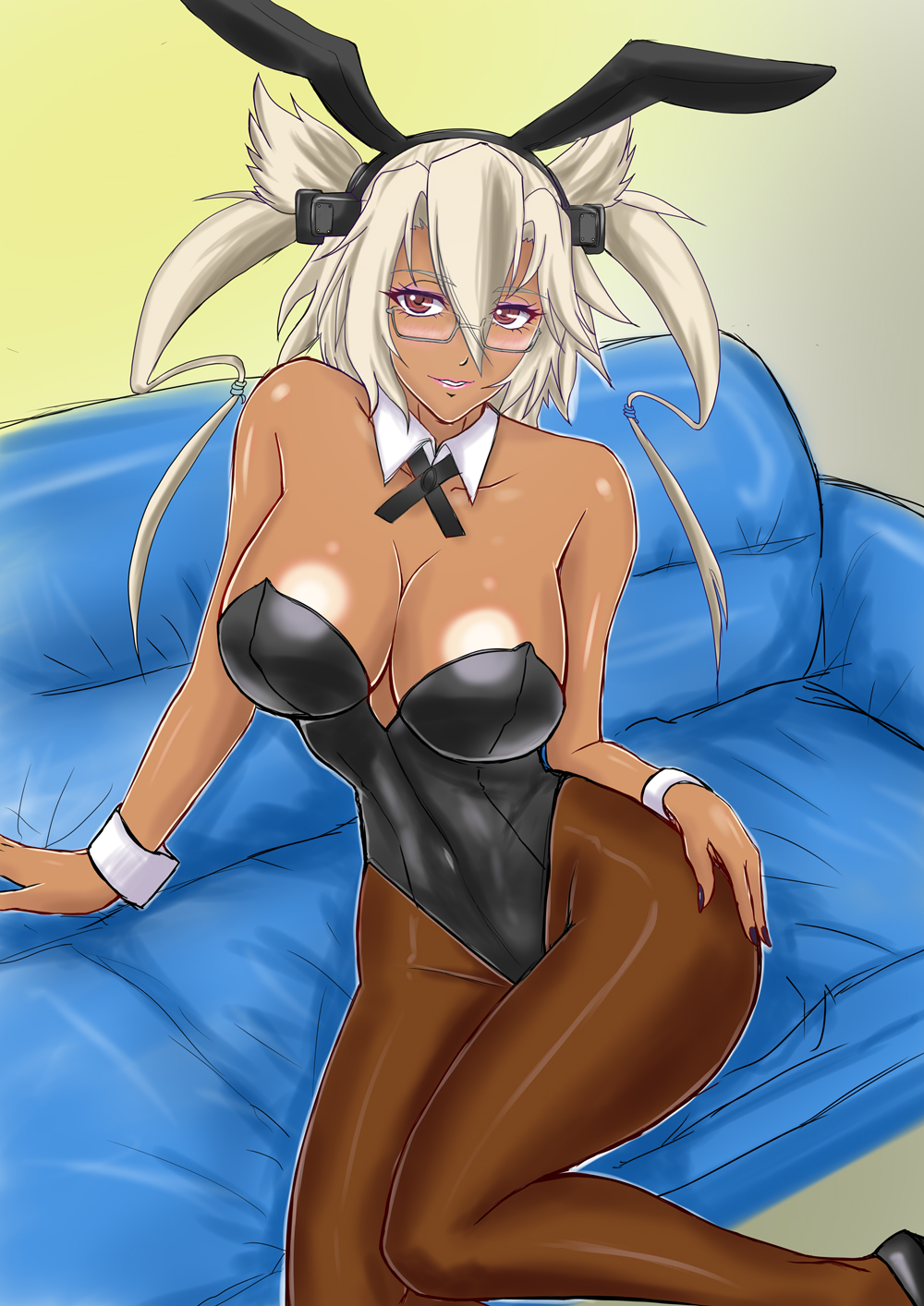 10s 1girl animal_ears black_leotard black_ribbon blonde_hair breasts brown_legwear bunnysuit cleavage couch cowboy_shot dark_skin detached_collar glasses hair_between_eyes highres kantai_collection large_breasts leotard looking_at_viewer musashi_(kantai_collection) nyantamaran pantyhose pointy_hair rabbit_ears red_eyes ribbon short_hair_with_long_locks sitting solo strapless strapless_leotard twintails wrist_cuffs