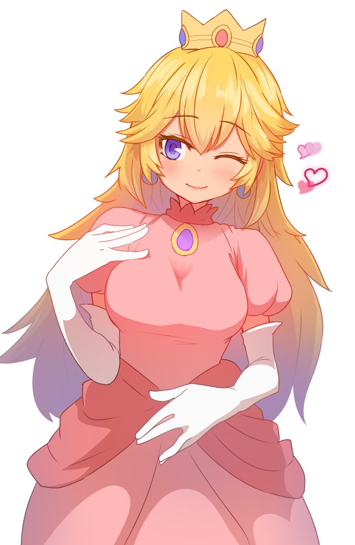 1girl bangs blonde_hair blue_eyes blush breasts closed_mouth cowboy_shot crown dress elbow_gloves eyebrows_visible_through_hair gem gloves hair_between_eyes heart large_breasts long_hair looking_at_viewer super_mario_bros. one_eye_closed pink_dress pink_lips princess_peach simple_background smile solo standing sumiyao_(amam) super_mario_bros. very_long_hair white_background white_gloves