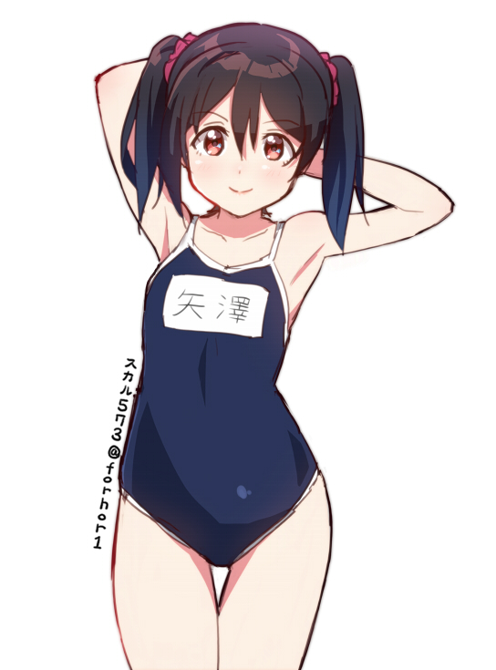 1girl armpits arms_behind_back artist_name bare_arms bare_shoulders black_hair blue_swimsuit blush collarbone competition_school_swimsuit cowboy_shot flat_chest hair_between_eyes hair_ornament hair_scrunchie looking_at_viewer love_live! love_live!_school_idol_project name_tag red_eyes scrunchie short_hair short_twintails simple_background skull573 smile solo standing swimsuit tareme thigh_gap thighs twintails white_background yazawa_nico