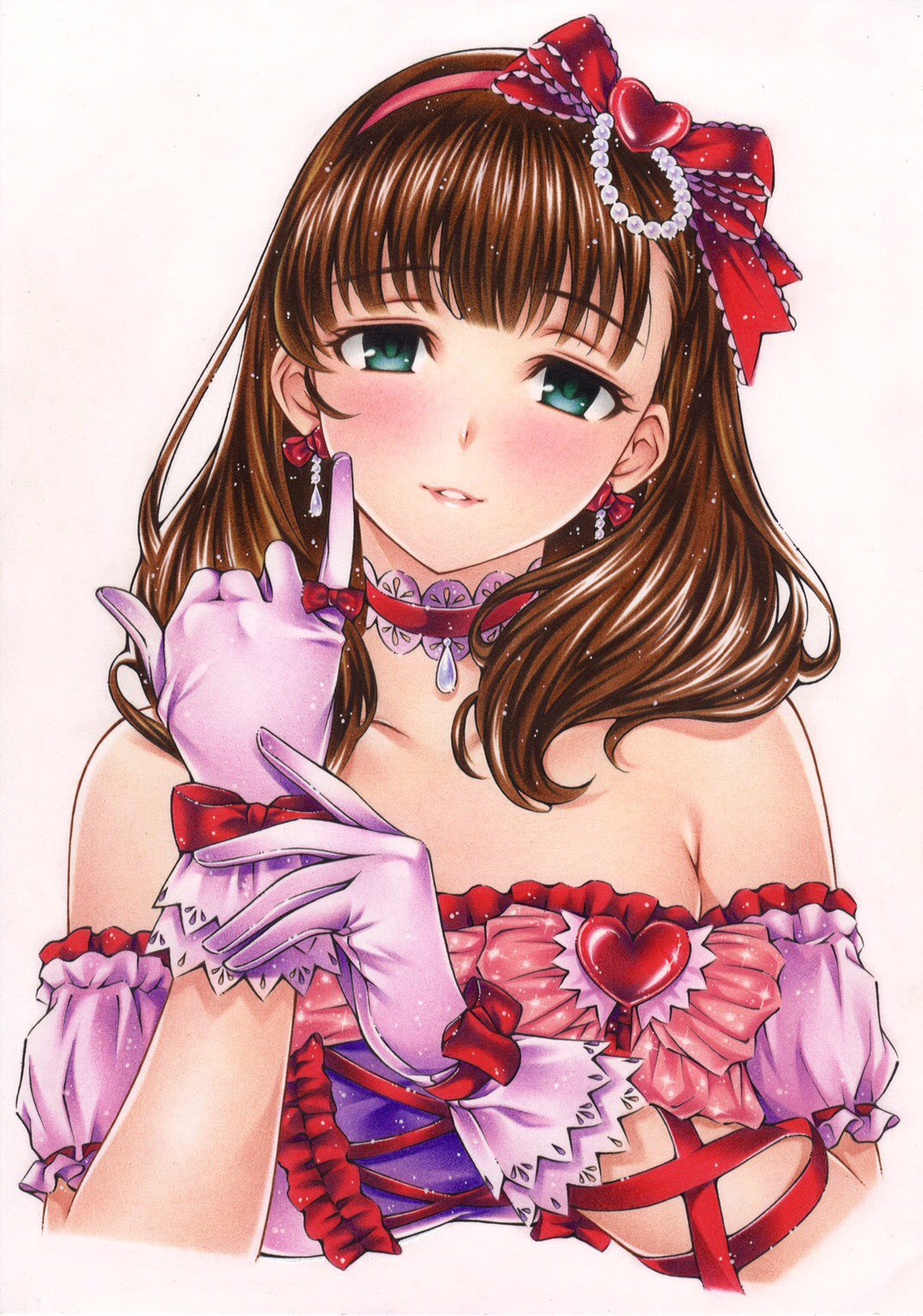 1girl arm_ribbon bangs bare_shoulders blush bow brown_hair choker collarbone colored_pencil_(medium) commentary_request cross-laced_clothes dress earrings gloves green_eyes hair_bow hairband heart highres idolmaster idolmaster_cinderella_girls idolmaster_cinderella_girls_starlight_stage inuono_mama jewelry lace-trimmed_choker looking_at_viewer parted_lips pendant pink_dress pink_gloves pinky_out puffy_short_sleeves puffy_sleeves red_bow red_ribbon ribbon sakuma_mayu short_sleeves signature simple_background smile solo traditional_media white_background