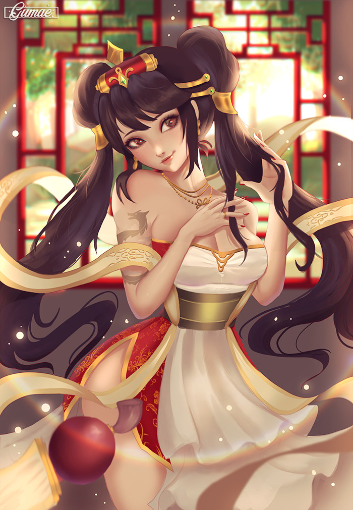 1girl alternate_costume alternate_eye_color alternate_hair_color artist_name bare_shoulders breasts brown_eyes cleavage guqin_sona hair_ornament indoors jewelry large_breasts league_of_legends mary_montes nail_polish necklace red_nails ring solo sona_buvelle tattoo twintails