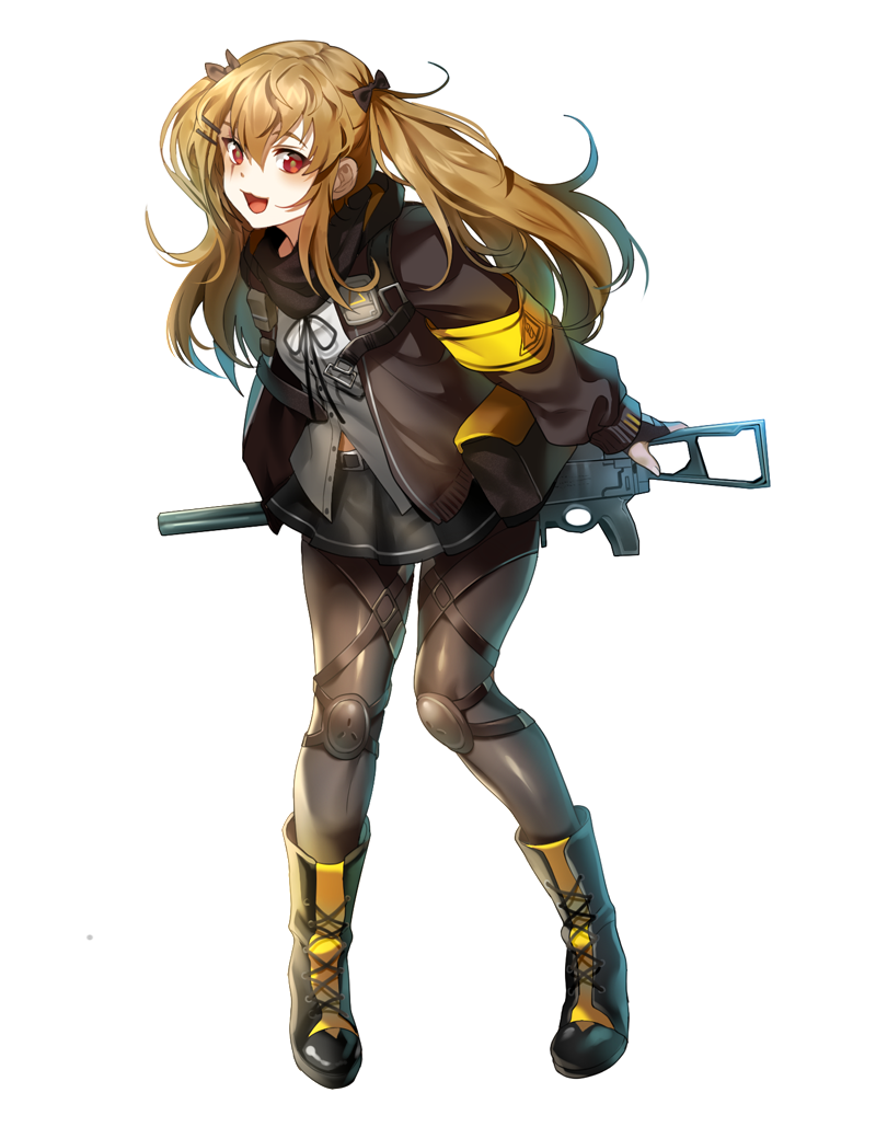 1girl boba brown_hair full_body gun h&amp;k_ump hair_ornament hairclip heckler_&amp;_koch hood hooded_jacket jacket knee_pads long_hair looking_at_viewer pantyhose red_eyes simple_background smile solo submachine_gun twintails ump9_(girls_frontline) weapon