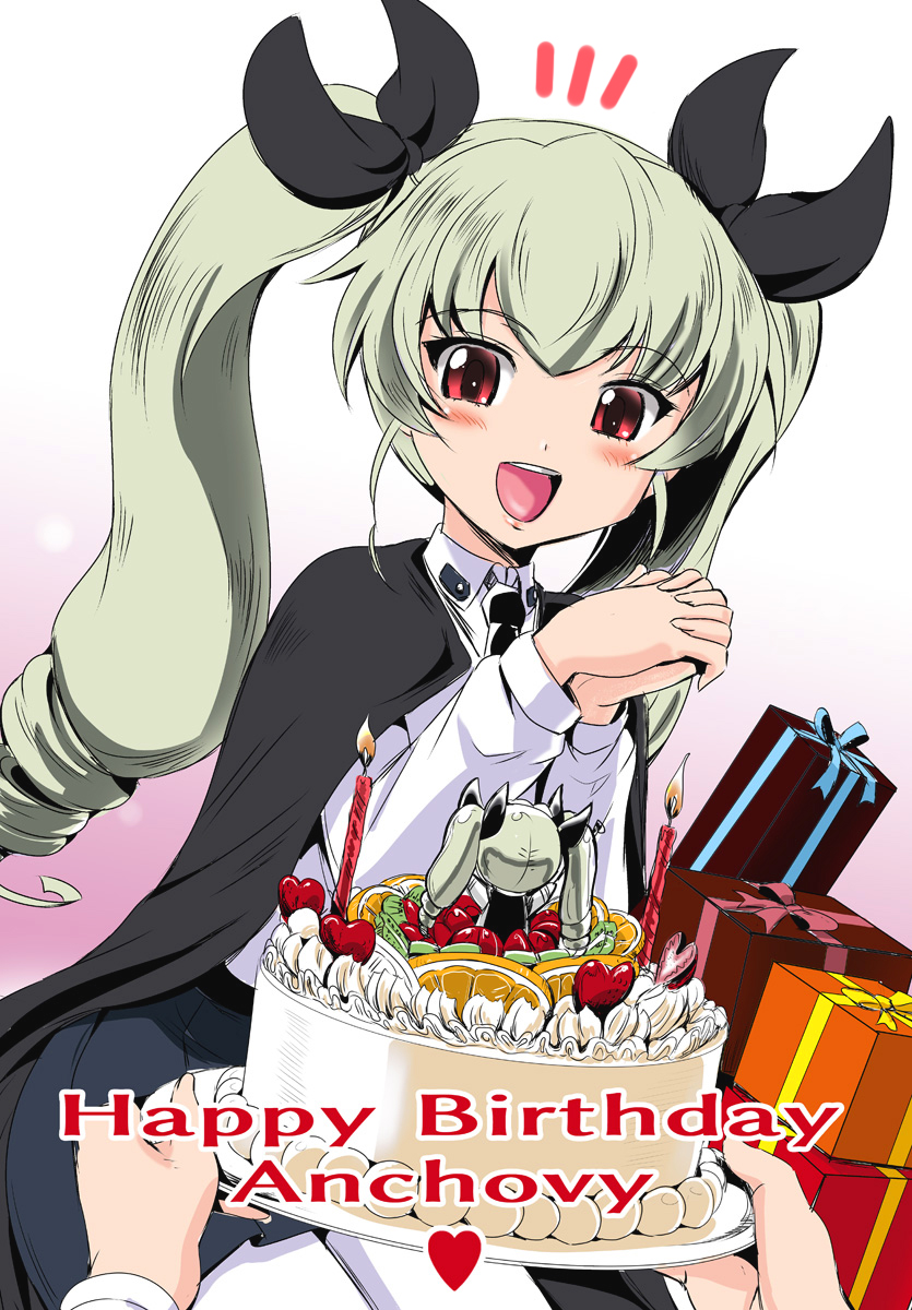 1girl anchovy anzio_school_uniform bangs birthday_cake black_cape black_neckwear black_ribbon black_skirt cake candle cape character_doll character_name commentary_request dress_shirt drill_hair dutch_angle english eyebrows_visible_through_hair figure food fruit gift girls_und_panzer gradient gradient_background green_hair hair_ribbon hands_together happy_birthday heart highres interlocked_fingers kumoi_takashi long_hair long_sleeves looking_at_viewer miniskirt necktie open_mouth orange pantyhose pink_background pleated_skirt pov red_eyes ribbon school_uniform shirt sitting skirt smile solo standing strawberry twin_drills twintails upper_body white_legwear white_shirt