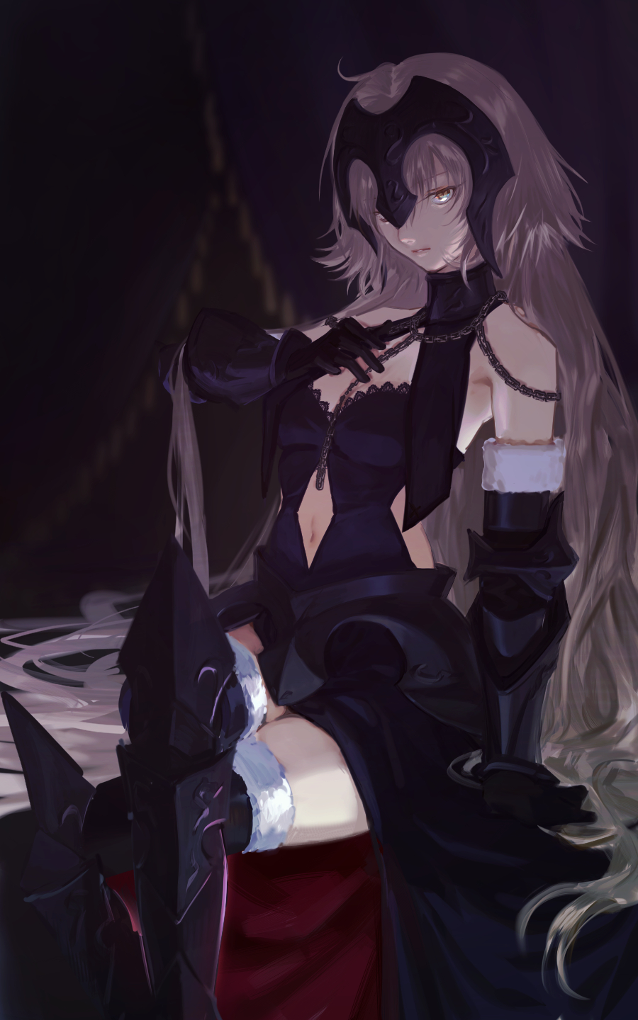 1girl arm_support armor armored_boots armored_dress black_gloves black_legwear boots breasts cleavage cutout_cleavage elbow_gloves fate/grand_order fate_(series) gloves highres jeanne_alter kkia long_hair medium_breasts navel ruler_(fate/apocrypha) silver_hair sitting solo thigh-highs thigh_boots very_long_hair yellow_eyes