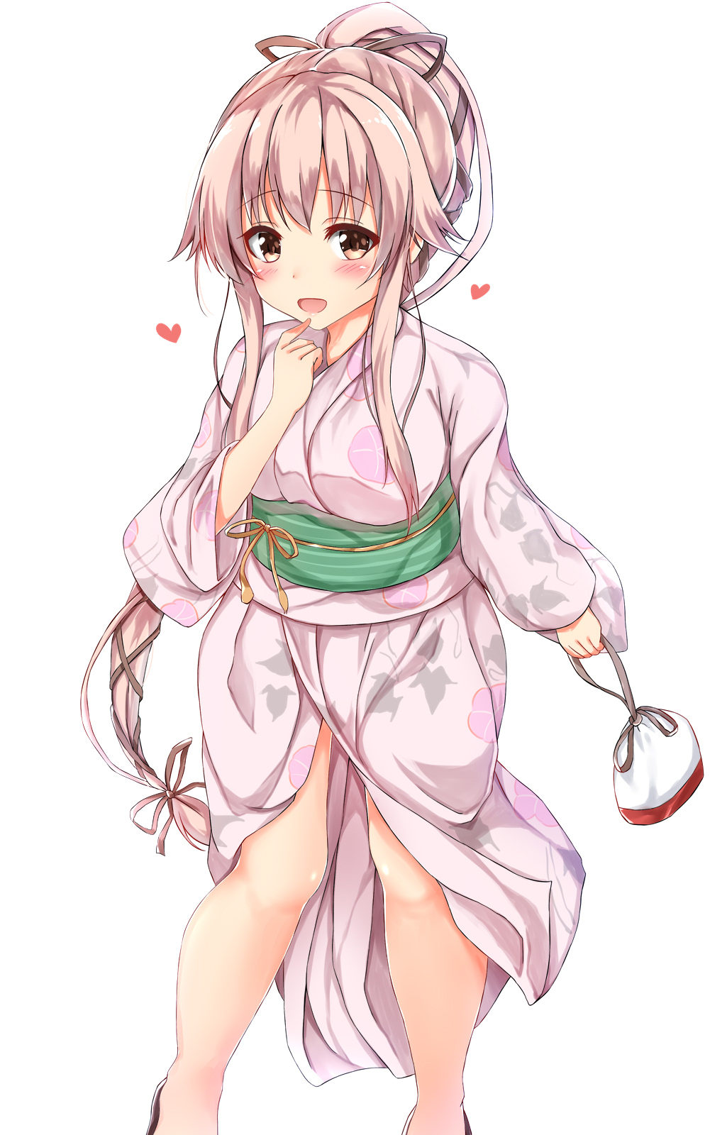 10s 1girl :d blush eyebrows_visible_through_hair heart highres holding japanese_clothes kantai_collection kimono long_hair obi open_mouth pikatchi pink_hair ponytail sash simple_background smile solo very_long_hair white_background yellow_eyes yukata yura_(kantai_collection)