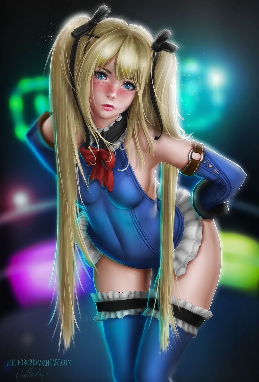 1girl bare_shoulders blonde_hair blue_eyes blush breasts dead_or_alive dead_or_alive_5 detached_sleeves freckles frills hair_ribbon highres lolliedrop long_hair looking_at_viewer marie_rose ribbon small_breasts solo twintails