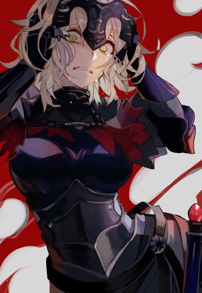 1girl armor blonde_hair cape fate_(series) gauntlets grimace hands_on_own_head headgear jeanne_alter kibadori_rue looking_at_viewer ruler_(fate/apocrypha) solo tears torn_cape yellow_eyes