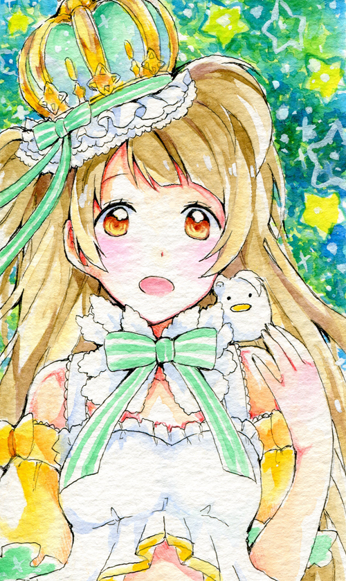 1girl :o animal animal_on_shoulder bangs blush brown_eyes brown_hair colorful crown dress long_hair looking_at_viewer love_live! parted_lips peachpii red_ribbon ribbon solo star traditional_media upper_body white_dress