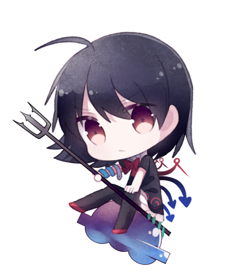 &gt;:/ 1girl :/ ahoge asymmetrical_wings black_dress black_hair black_legwear bow bowtie closed_mouth cuivre dress full_body hair_between_eyes holding holding_weapon houjuu_nue looking_at_viewer polearm red_bow red_bowtie red_eyes serious short_hair simple_background snake solo tareme touhou trident ufo weapon white_background wings
