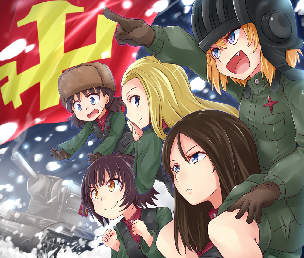 &gt;:d 5girls :d alina_(girls_und_panzer) bangs black_footwear black_hair black_vest blonde_hair blue_eyes blurry blurry_background boots brown_gloves brown_hair brown_hat clara_(girls_und_panzer) closed_mouth commentary covering_mouth depth_of_field emblem eyebrows_visible_through_hair fang flag girls_und_panzer gloves green_jacket green_jumpsuit hat helmet jacket katyusha kitayama_miuki kv-w long_hair long_sleeves looking_at_another looking_to_the_side military military_uniform multiple_girls nina_(girls_und_panzer) nonna open_mouth pravda_(emblem) pravda_military_uniform red_shirt shirt short_hair short_jumpsuit short_twintails smile snow standing sweatdrop swept_bangs turtleneck twintails uniform ushanks vest w_arms wavy_mouth