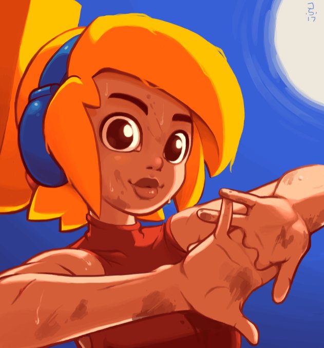 1girl blonde_hair blue_sky dirty_clothes dirty_face ear_protection headphones joakim_sandberg lips long_hair ponytail robin_(the_iconoclasts) sky sleeveless sleeveless_turtleneck solo stretch the_iconoclasts turtleneck updo upper_body