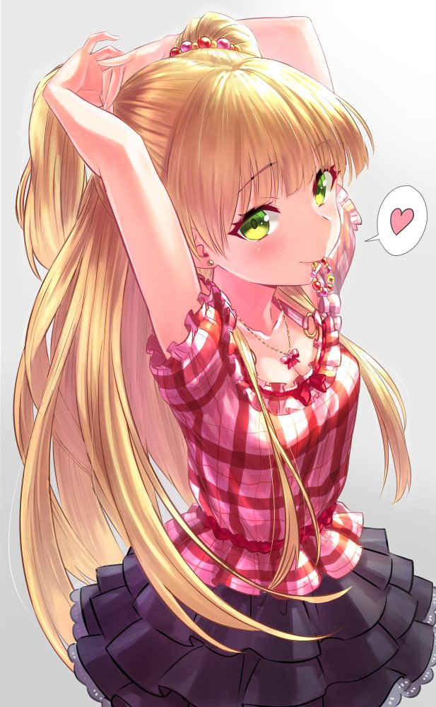 1girl arms_up bangs beads blonde_hair blush bow breasts cleavage collarbone commentary_request earrings eyebrows_visible_through_hair eyelashes frilled_shirt_collar frilled_skirt frills gradient gradient_background green_eyes grey_background grey_skirt heart idolmaster idolmaster_cinderella_girls jewelry jougasaki_rika long_hair looking_at_viewer mouth_hold necklace pink_shirt plaid plaid_shirt red_bow shirt skirt small_breasts smile solo spoken_heart twintails tying_hair yapo_(croquis_side)