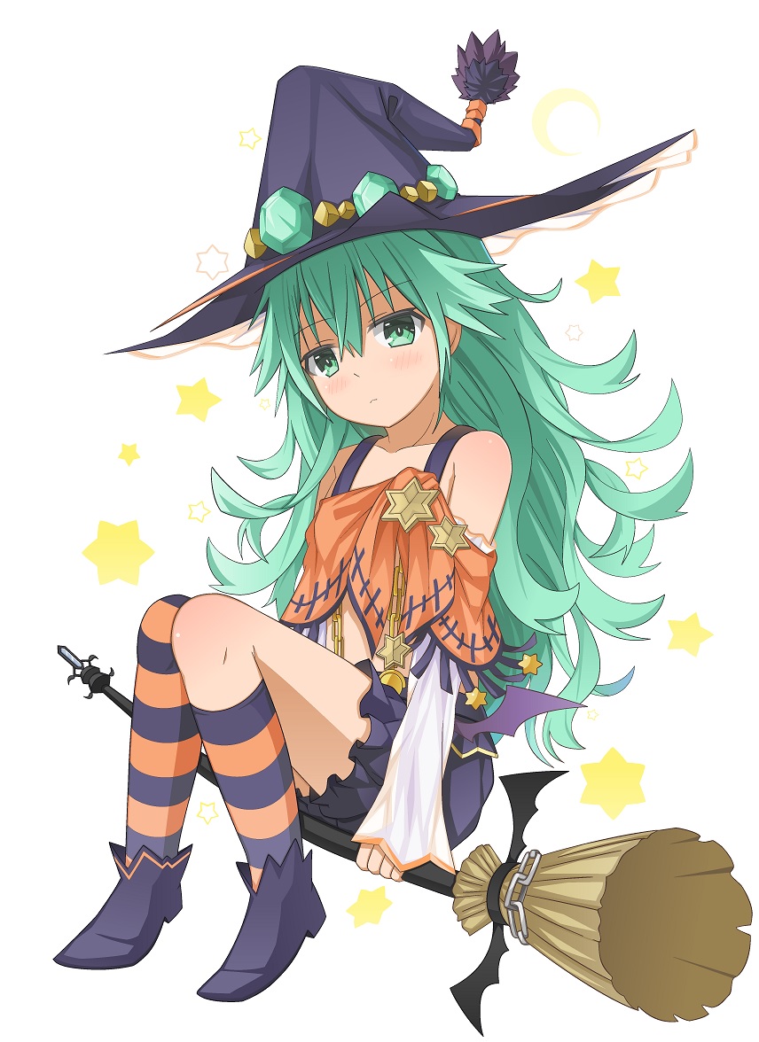 1girl broom broom_riding capelet date_a_live green_eyes green_hair hat kneehighs long_hair looking_at_viewer natsumi_(date_a_live) over-kneehighs shoulder_strap thigh-highs wavy_hair witch_hat