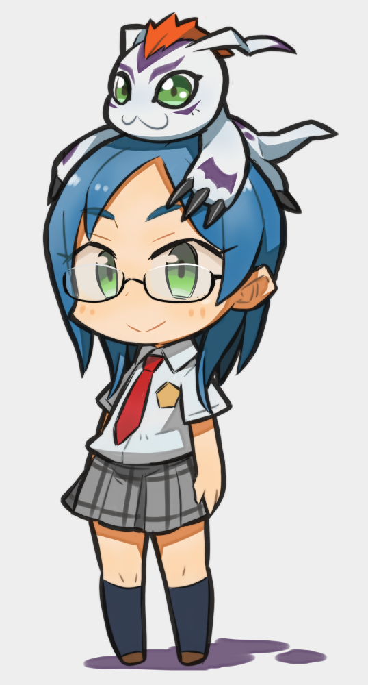 1girl blue_hair chibi creature_on_head crossover digimon glasses gomamon green_eyes ibara. long_hair looking_at_viewer on_head rinoda_mano school_girl_strikers school_uniform skirt smile