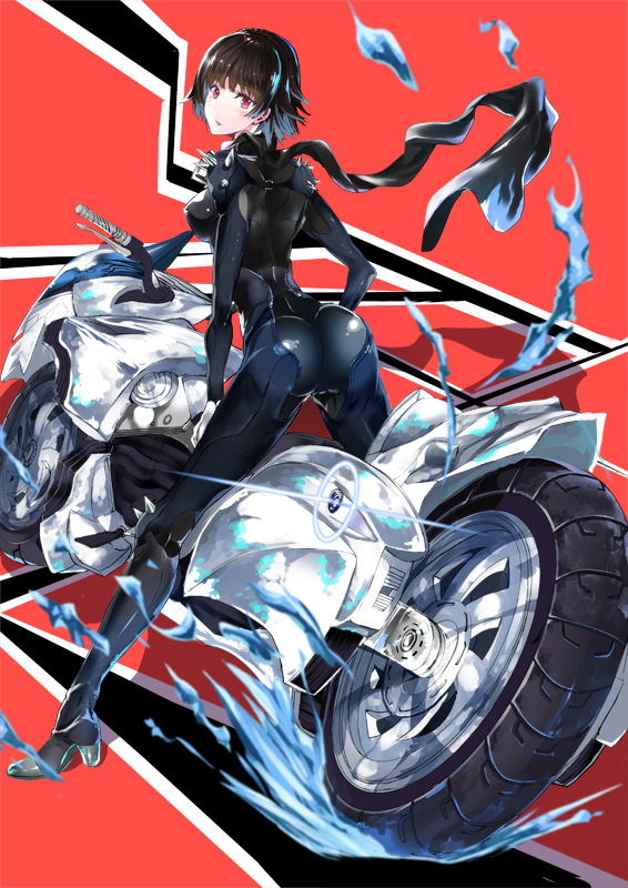 10s 1girl ass bicycle black_hair blush bodysuit braid brown_hair ground_vehicle joanna_(persona_5) looking_at_viewer niijima_makoto persona persona_5 red_eyes short_hair solo yuu_(asaiyuji)