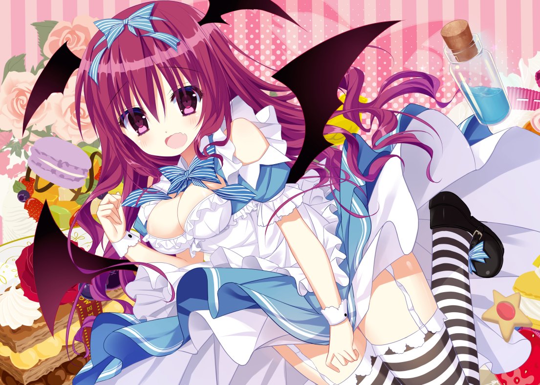 1girl :o alternate_costume apron bare_shoulders bat_wings blush bottle bow breasts cake cleavage cleavage_cutout cookie cork dress dress_pull fang flower food frills fruit full_body garter_straps hair_bow head_wings koakuma loafers long_hair looking_at_viewer low_wings red_eyes redhead rose shiwasu_horio shoes short_sleeves solo strawberry striped striped_legwear thigh-highs touhou wings