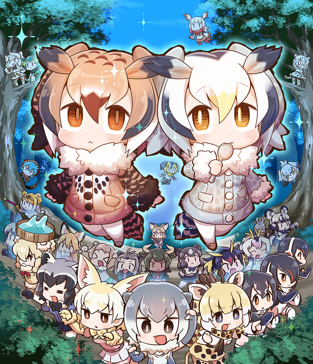 &gt;_&lt; 6+girls :&lt; :3 :d =_= african_wild_dog_(kemono_friends) african_wild_dog_ears alpaca_suri_(kemono_friends) american_beaver_(kemono_friends) animal_ears arm_up aurochs_(kemono_friends) bangs bear_ears beaver_ears black-tailed_prairie_dog_(kemono_friends) black_hair blonde_hair blunt_bangs bow bowtie brown_bear_(kemono_friends) brown_eyes brown_hair campo_flicker_(kemono_friends) chaki_(teasets) character_request chibi common_raccoon_(kemono_friends) crossed_arms elbow_gloves emperor_penguin_(kemono_friends) eurasian_eagle_owl_(kemono_friends) eyebrows_visible_through_hair ezo_red_fox_(kemono_friends) fennec_(kemono_friends) fighting_stance fingerless_gloves flying fox_ears full_body fur_collar gentoo_penguin_(kemono_friends) giraffe_ears giraffe_horns giraffe_print giraffe_tail glasses gloves golden_snub-nosed_monkey_(kemono_friends) green_hair guitar hair_over_one_eye head_wings hood hoodie horns humboldt_penguin_(kemono_friends) in_tree instrument japanese_crested_ibis_(kemono_friends) kemono_friends long_sleeves margay_(kemono_friends) multicolored_hair multiple_girls necktie northern_white-faced_owl_(kemono_friends) one-piece_swimsuit open_mouth otter_ears panther_chameleon_(kemono_friends) penguins_performance_project_(kemono_friends) pleated_skirt pointing prairie_dog_ears profile raccoon_ears rockhopper_penguin_(kemono_friends) royal_penguin_(kemono_friends) sand_cat_(kemono_friends) savanna_striped_giant_slug_(kemono_friends) shoebill_(kemono_friends) short_hair silver_fox_(kemono_friends) skirt small-clawed_otter_(kemono_friends) smile sparkle spoon swimsuit tree tsuchinoko_(kemono_friends) white_hair white_neckwear white_skirt